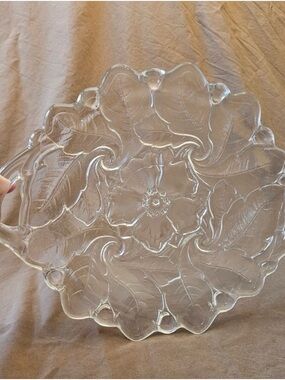 Indiana Glass Clear Floral Pressed Glass Serving Platter with handles
